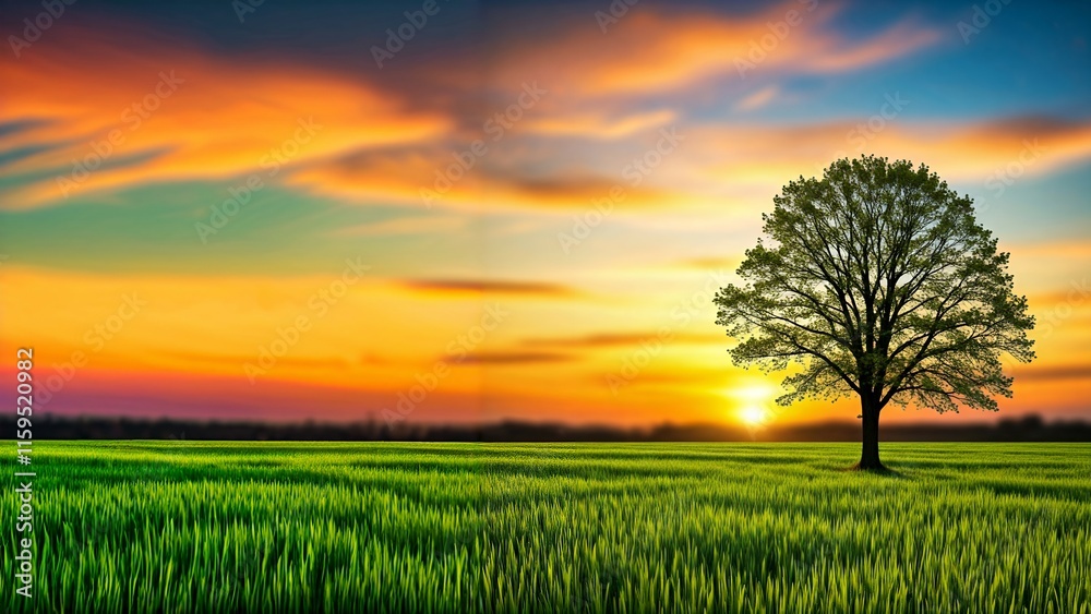 Fototapeta premium Serene Sunset over a Lush Green Field. A picturesque landscape featuring a vibrant sunset over a field of lush green crops.