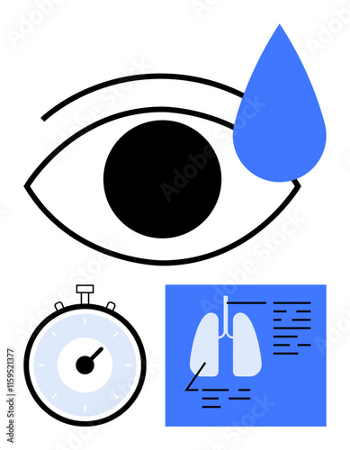 Eye with blue tear circular stopwatch lung diagram in blue square. Ideal for health, wellness, medical awareness, time management, lung health, ophthalmology, illustrations. Line metaphor