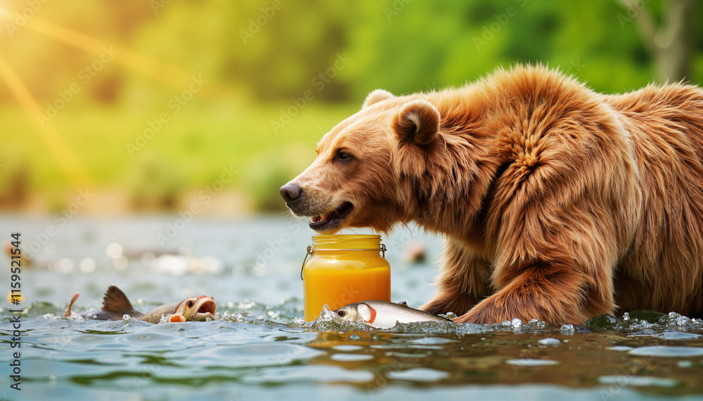 Bear enjoying honey by riverbank in warm afternoon sunlight, nature's bounty Bear enjoying honey by riverbank in warm afternoon sunlight, nature's bounty
