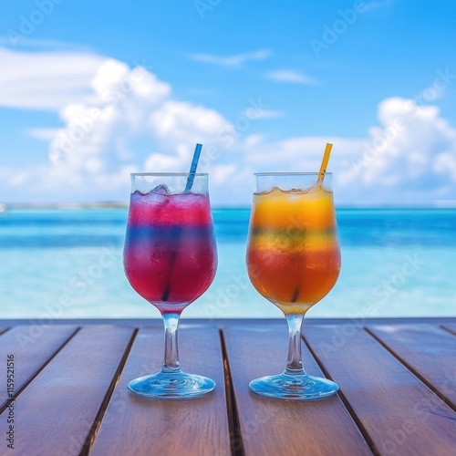 Two layered cocktails on beach table. photo