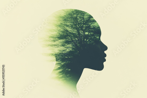 A woman's head is shown in a greenish tint, with the tree branches photo