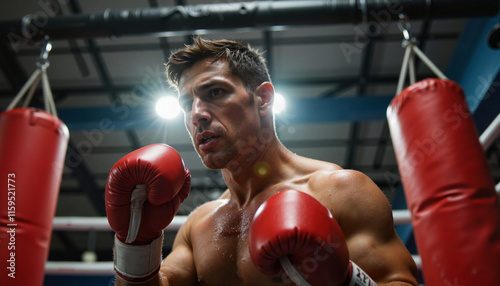 Muscular boxer preparing for a fight in a gym, strength and determination photo