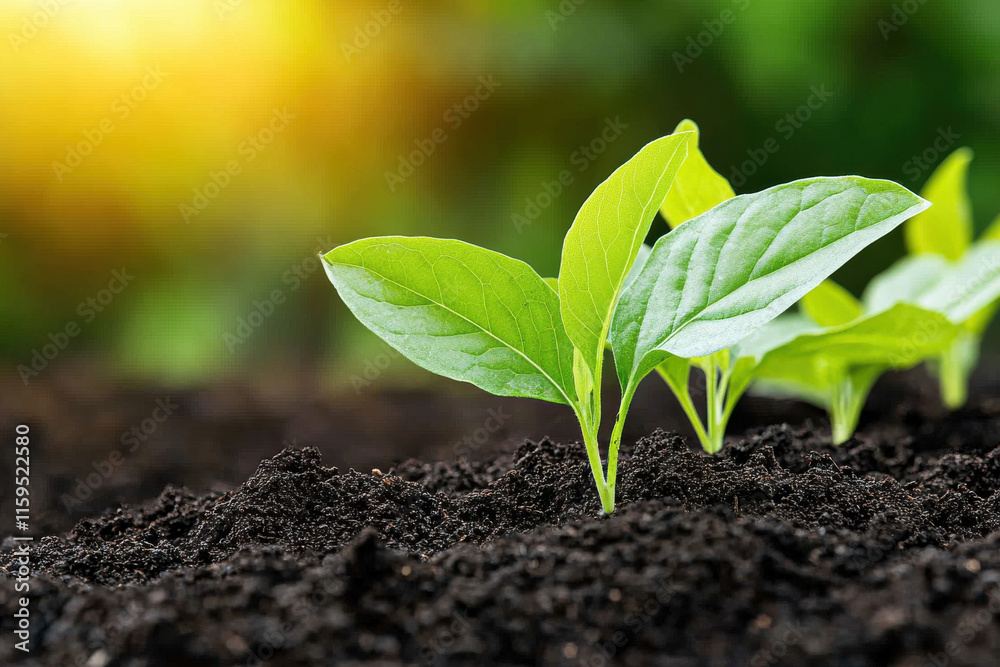 A small green plant is growing in the dirt A small green plant is growing in the dirt