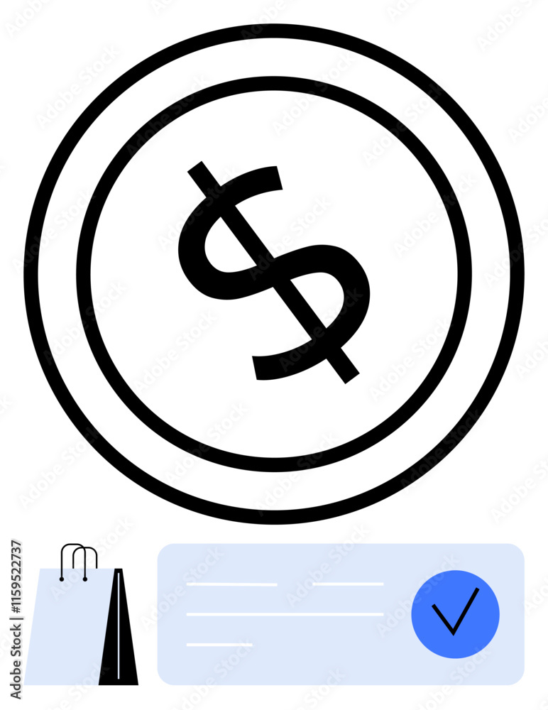 Dollar sign in thick circular frame indicating money transactions. Below are shopping bags and a checkmark on a document, symbolizing completed purchases. Ideal for e-commerce, finance, marketing Dollar sign in thick circular frame indicating money transactions. Below are shopping bags and a checkmark on a document, symbolizing completed purchases. Ideal for e-commerce, finance, marketing