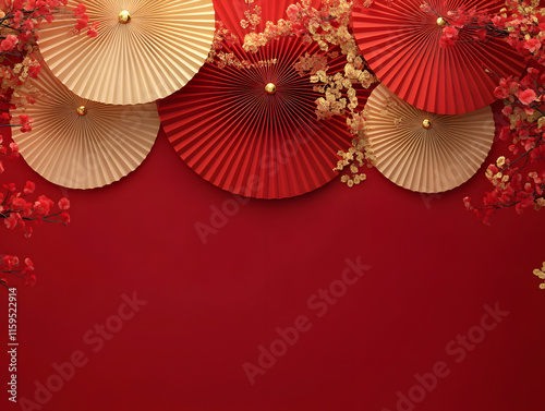 Paper fan medallion chinese new year decoration. Concept of Happy Chinese New Year festival background. 3D rendering