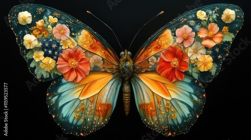 Colorful floral butterfly with intricate wing patterns and vibrant flowers