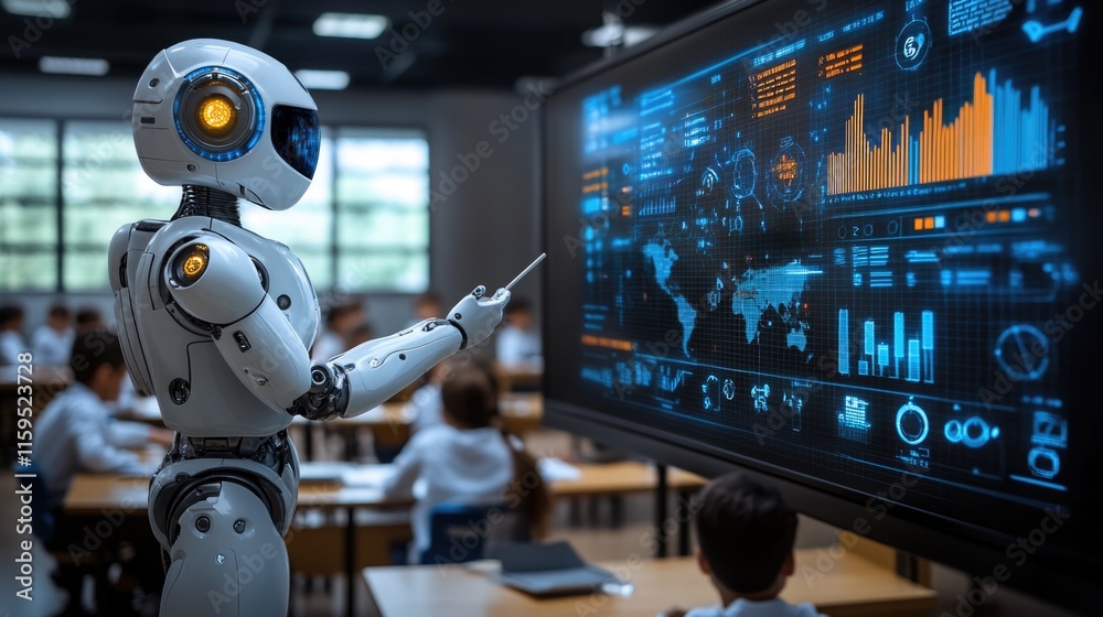 Fototapeta premium Futuristic classroom with robot teacher and schoolchildren learning technology