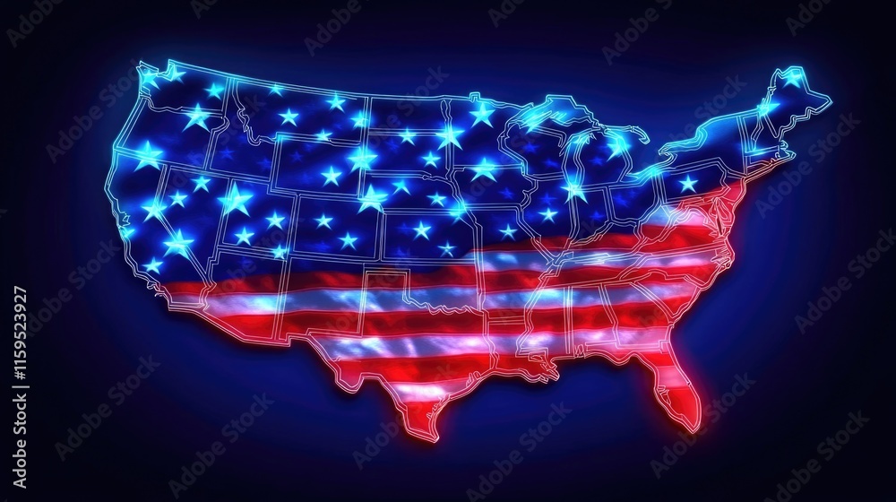 Obraz premium Glowing usa map with stars and stripes in neon colors Happy 4th of July, Independence Day USA