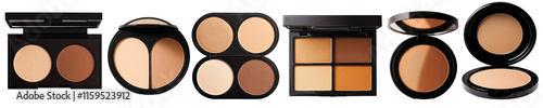 Assorted compact makeup palettes with various shades of powder and contour, featuring elegant packaging, cut out isolated transparent PNG photo