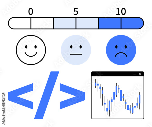 Rating scale with numeric values and emoticons, coding angle brackets, fluctuating stock market graph. Ideal for tech, finance, customer experience, programming, feedback, data analysis digital