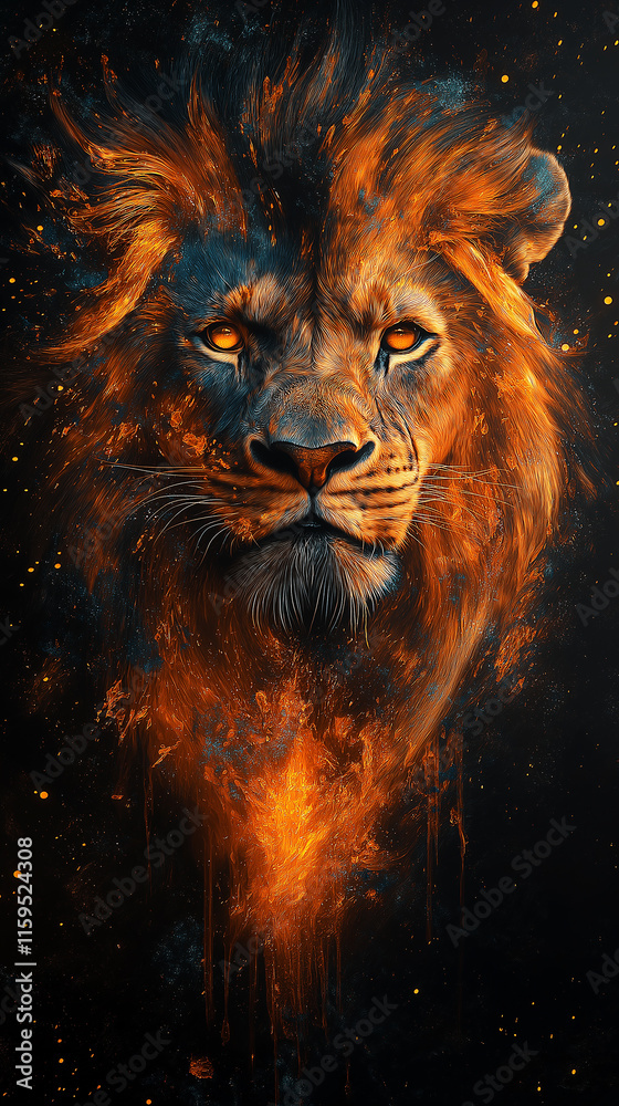 Fototapeta premium Lion in the art style,fire ,sparks of paint