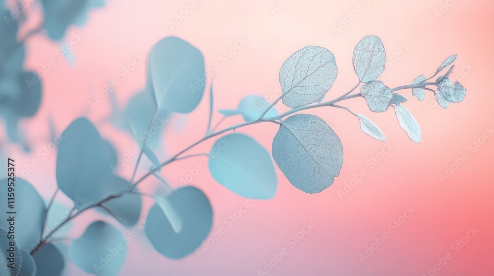 Eucalyptus branch with silver leaves, soft pastel sky generative ai Eucalyptus branch with silver leaves, soft pastel sky generative ai