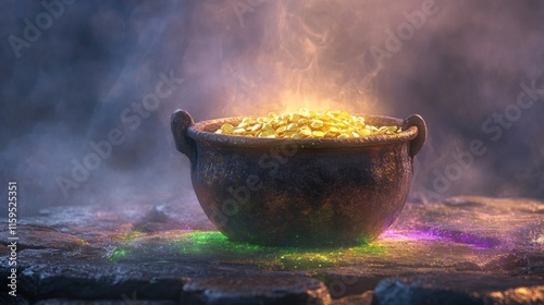 Mystical cauldron overflowing with glowing gold coins in enchanted atmosphere. Happy St. Patrick's Day photo