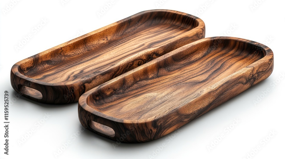 Two rustic, oblong wooden serving trays with handles, isolated on white. Two rustic, oblong wooden serving trays with handles, isolated on white.