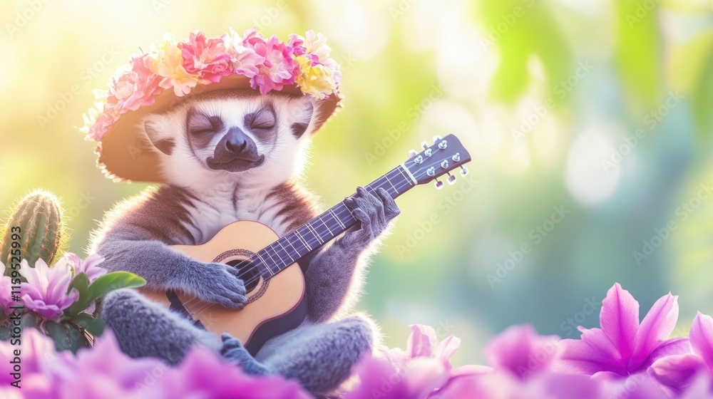 Lemur serenade with a ukulele amidst vibrant flowers Happy Cinco de mayo Lemur serenade with a ukulele amidst vibrant flowers Happy Cinco de mayo