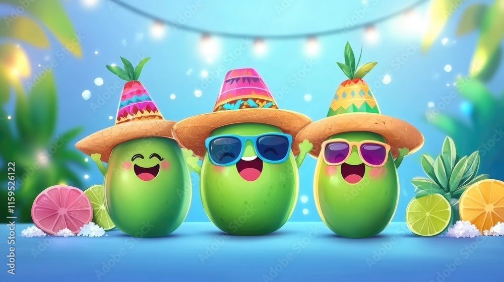 Happy cartoon avocados with hats and sunglasses in festive tropical setting Happy Cinco de mayo Happy cartoon avocados with hats and sunglasses in festive tropical setting Happy Cinco de mayo
