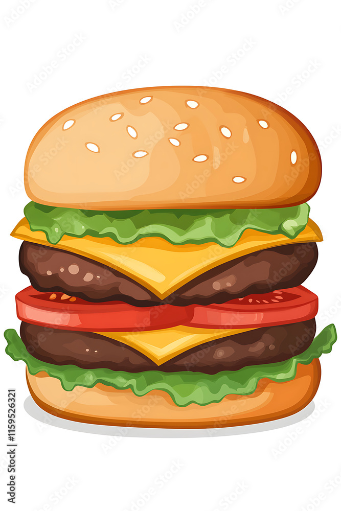 A colorful illustration of a double cheeseburger with lettuce, tomato, and cheese. A colorful illustration of a double cheeseburger with lettuce, tomato, and cheese.