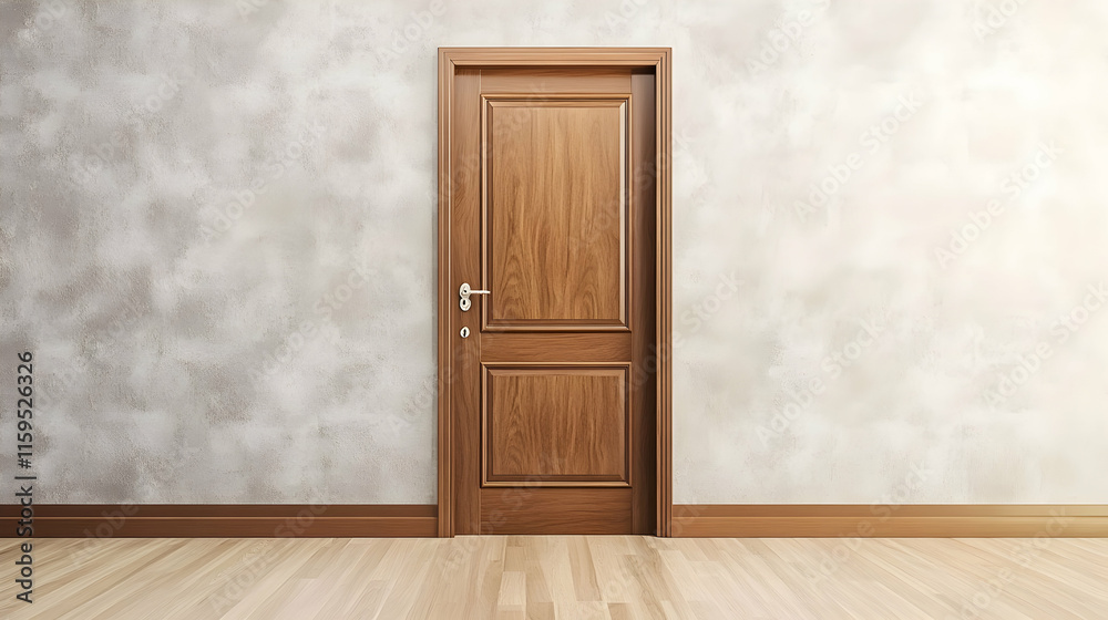 Modern entrance door with a wood effect and wall covering Modern entrance door with a wood effect and wall covering