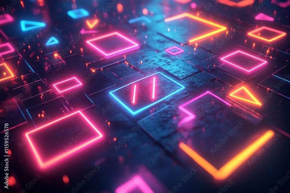 Bold glowing neon shapes on a deep black canvas, Generative AI Bold glowing neon shapes on a deep black canvas, Generative AI