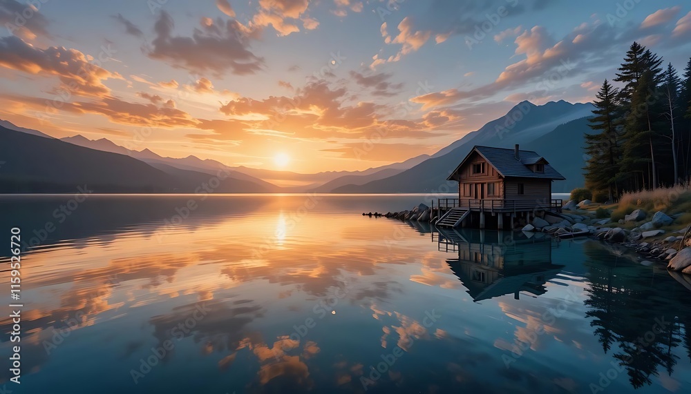 Fototapeta premium Lakeside Cabin Sunset Mountain Reflections