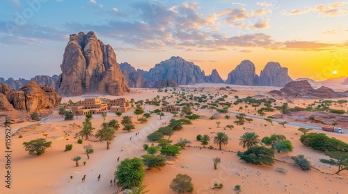 Bird's-eye view of Petra's ancient landscape at sunset reveals stunning natural formations photo