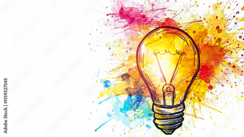 Bright white background with colorful paint bursting from a lightbulb, symbolizing artistic thought.