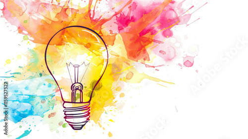 Abstract white background with a lightbulb, colorful paint explosion knowledge and creativity.