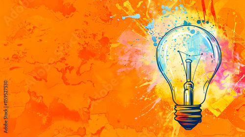 Multicolor paint bursting from a lightbulb against an orange abstract background, creative thinking.
