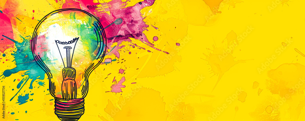 Yellow abstract backdrop with a lightbulb, multicolor paint, symbolizing wisdom and creativity.