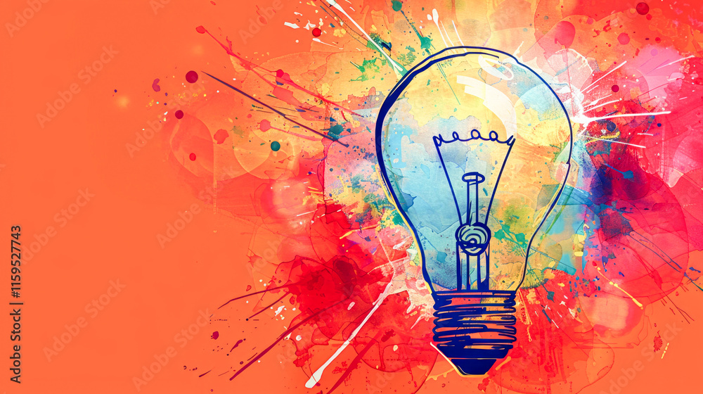 Bright orange background with multicolor paint spilling from a lightbulb, representing creativity.