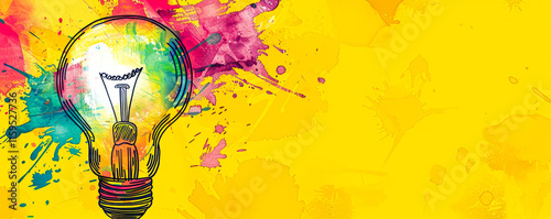 Obraz na płótnie Yellow abstract backdrop with a lightbulb, multicolor paint, symbolizing wisdom and creativity. w salonie
