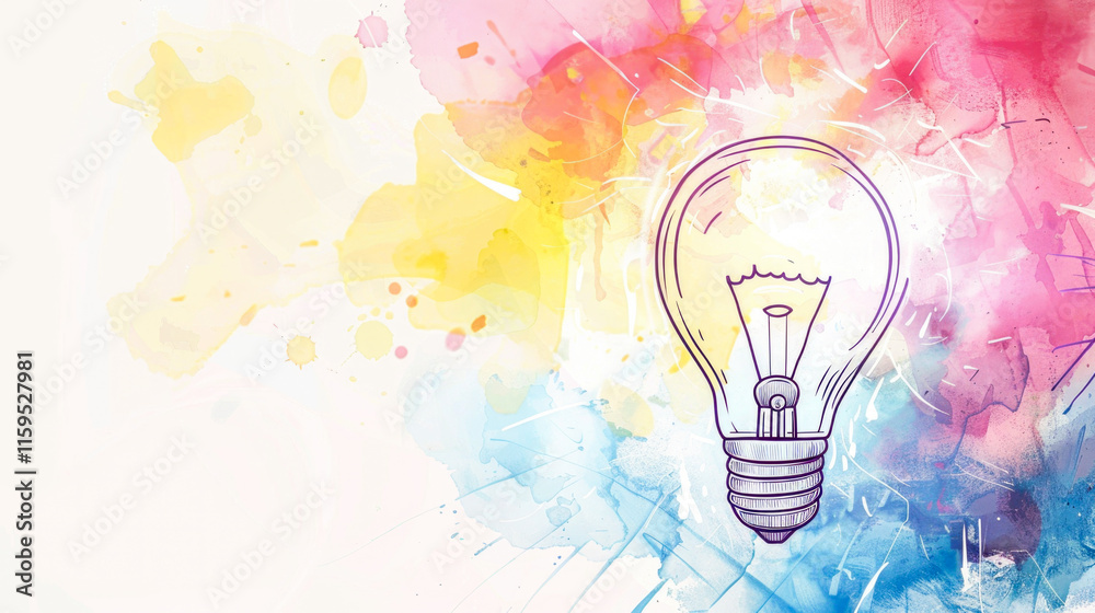 Soft white backdrop with a lightbulb and vibrant multicolor paint bursts, representing ideas.