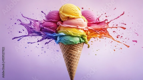 Colorful ice cream scoops in waffle cone with splashes on purple background
