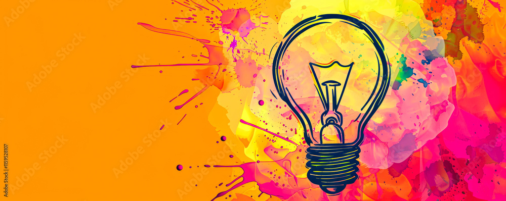 Abstract yellow design with a lightbulb, multicolor paint explosion, symbolizing knowledge and art.