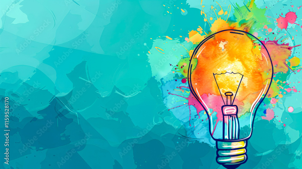 Blue abstract background with a lightbulb, vibrant paint bursts, symbolizing wisdom and thought.