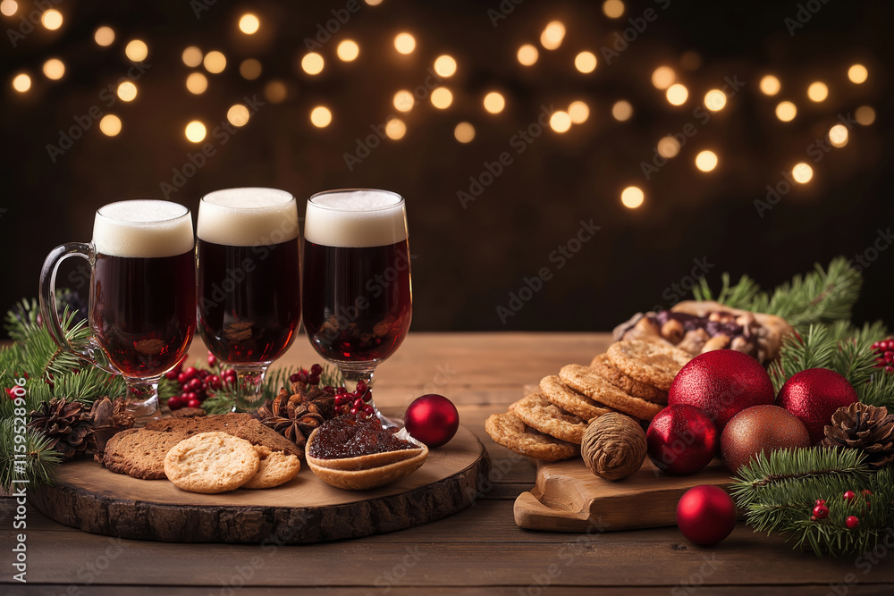 Festive treats and drinks served on a rustic table during holiday celebrations Festive treats and drinks served on a rustic table during holiday celebrations