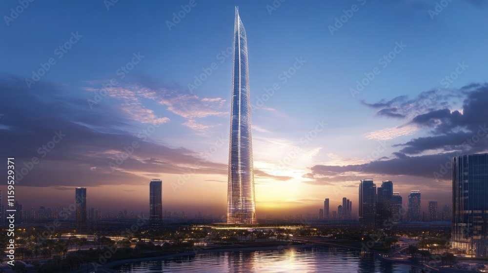 Sleek, modern skyscraper at sunset over city. Sleek, modern skyscraper at sunset over city.