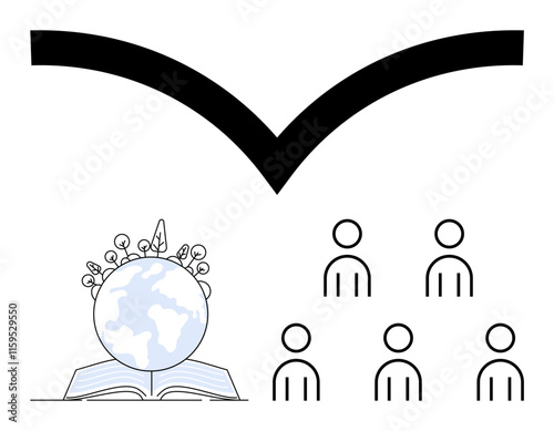 Open book with Earth sprouting plants, five human figures, and stylized bird above evoke learning, community, growth, sustainability, global unity, knowledge, and hope. Ideal for education