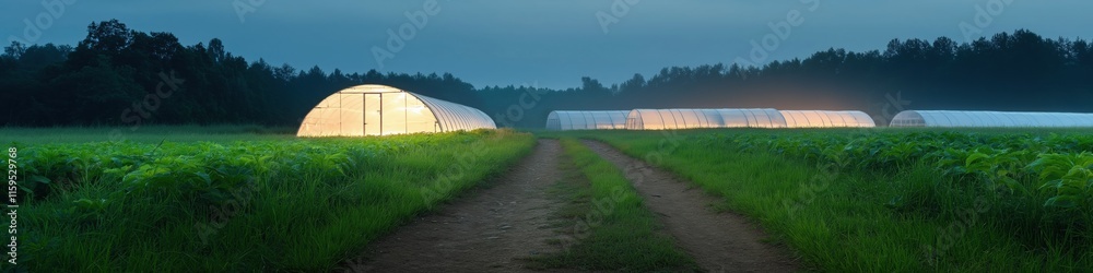 A field with a road leading to a greenhouse. The greenhouse is lit up at night A field with a road leading to a greenhouse. The greenhouse is lit up at night