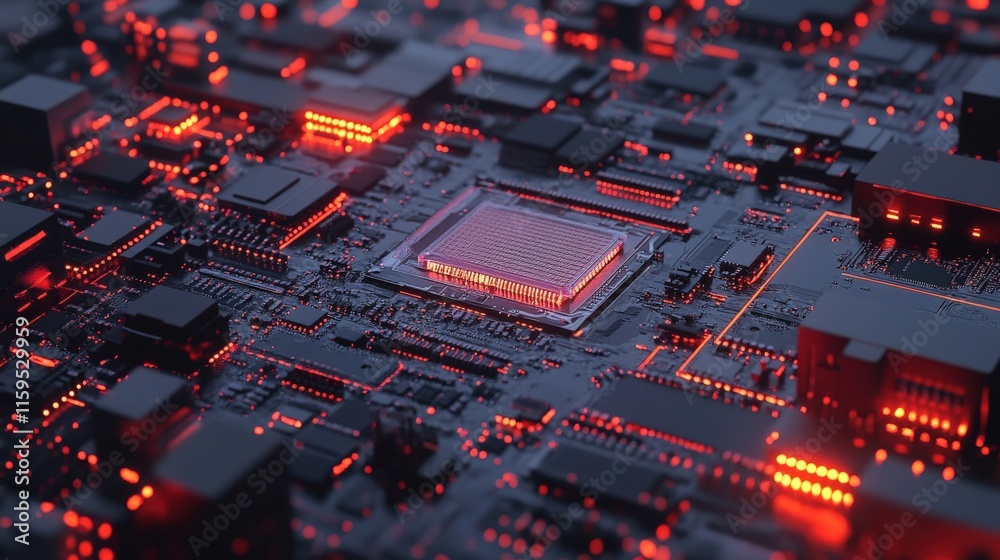 Cpu is glowing red on motherboard, processing data and calculating information Cpu is glowing red on motherboard, processing data and calculating information