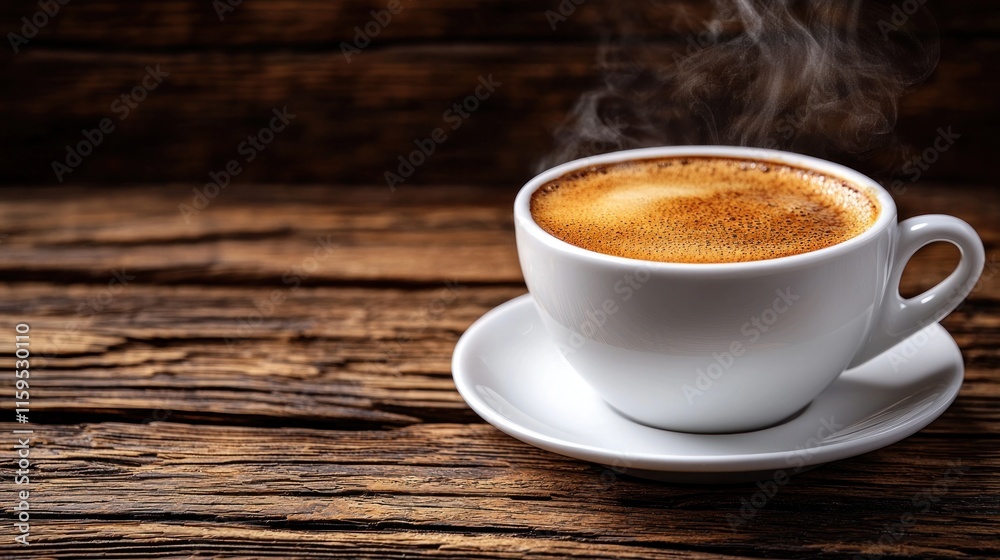 Steaming cup of coffee on rustic wood table. Steaming cup of coffee on rustic wood table.