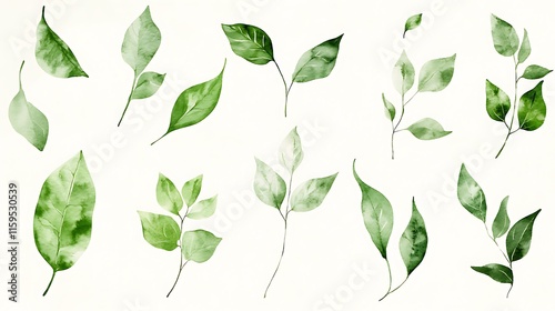 Green Leaf Collection: Artistic Watercolor and Detailed Digital Illustrations Featuring Clovers, Tropical Leaves, Falling Foliage, and Textured Dry Leaves - Perfect for Nature-Themed Designs and Decor