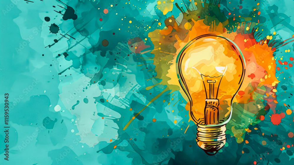 Multicolor paint bursts from a lightbulb on a soft blue background, representing creativity.