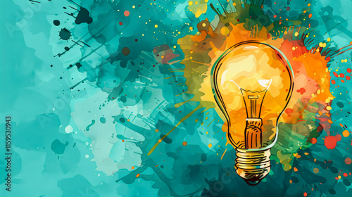 Obraz na płótnie Multicolor paint bursts from a lightbulb on a soft blue background, representing creativity. w salonie