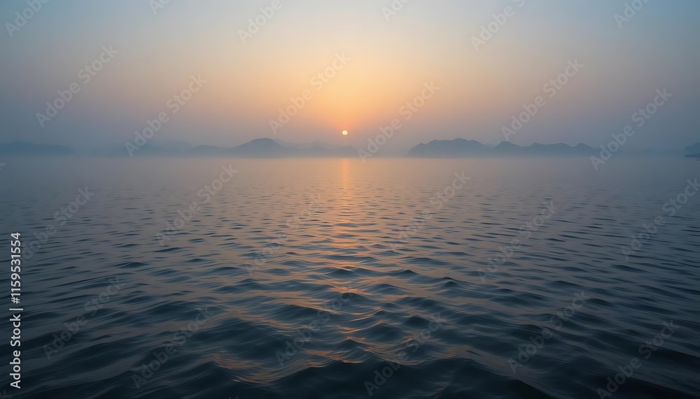 Serene Sunset Over Calm Water And Misty Mountains Serene Sunset Over Calm Water And Misty Mountains