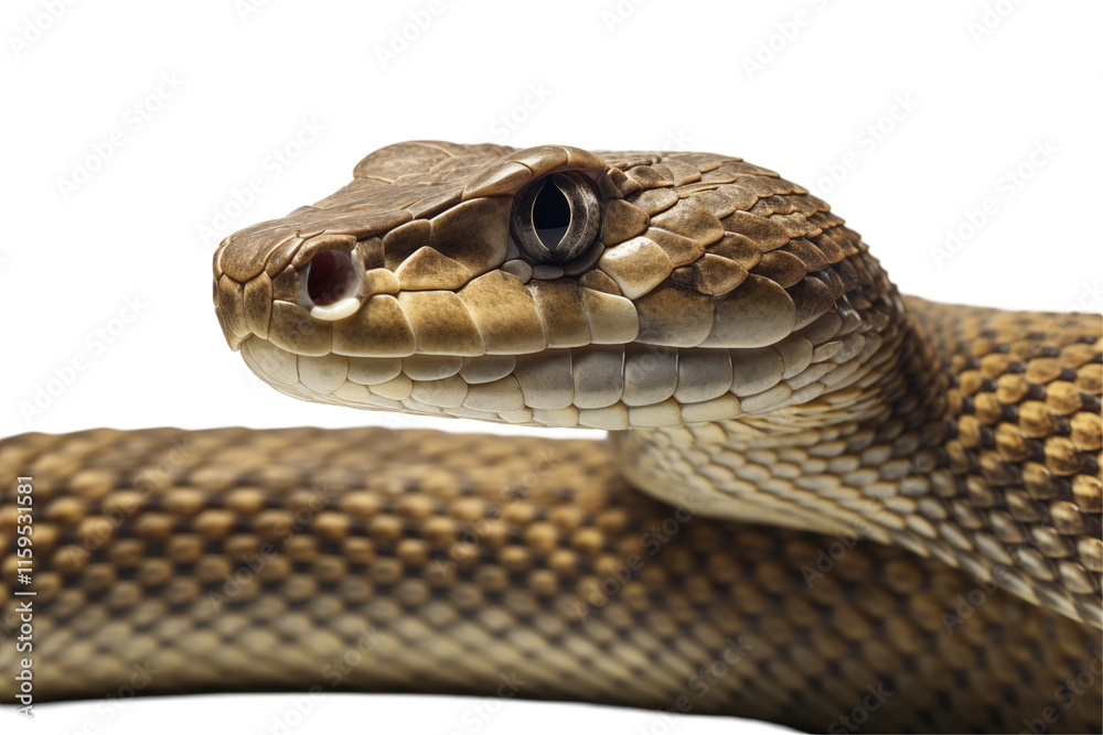 Obraz premium Realistic snake on a transparent background, showcasing intricate scales, coiled posture, and wild beauty, ideal for nature, wildlife, and reptile-themed designs or educational content. PNG cut out.