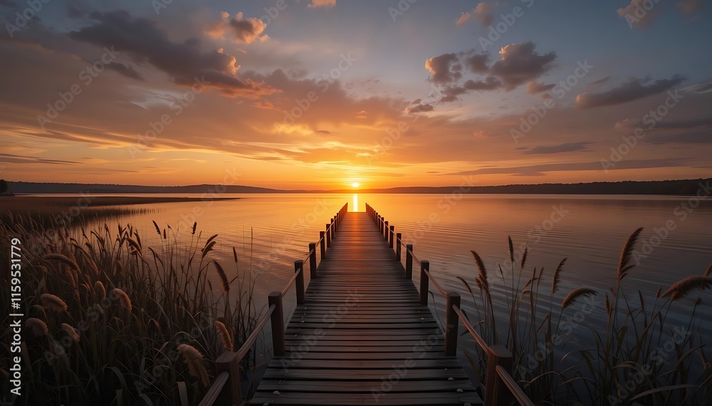 Fototapeta premium Wooden Dock Extending Towards Sunset Over Calm Lake