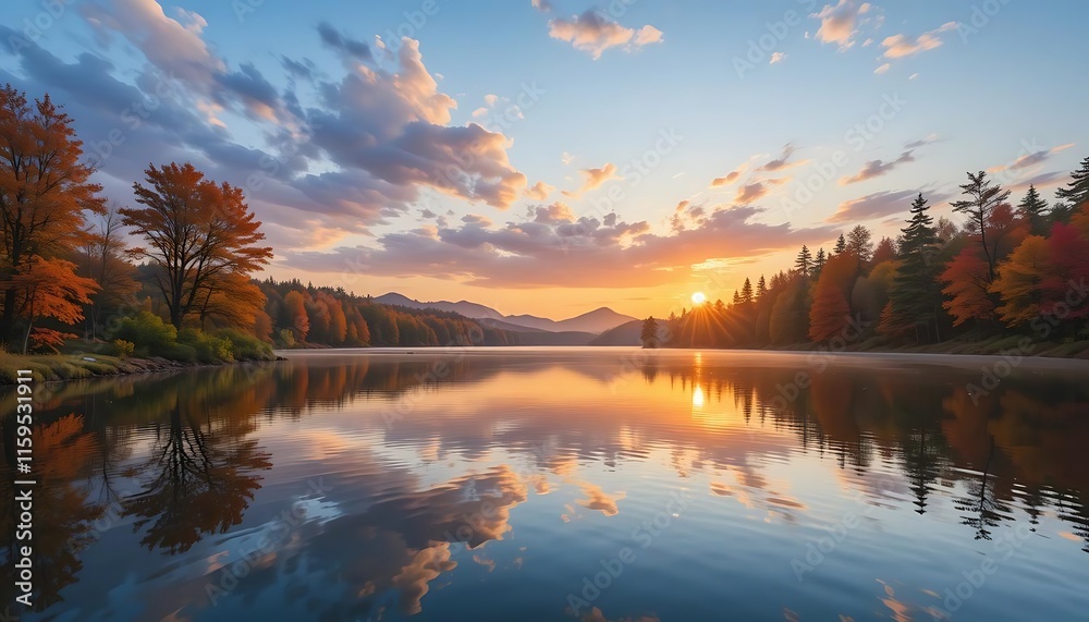 Fototapeta premium Autumn Sunset Over Calm Lake With Colorful Trees