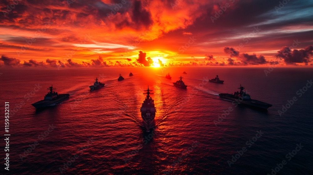 Us navy warships sailing towards sunset in formation