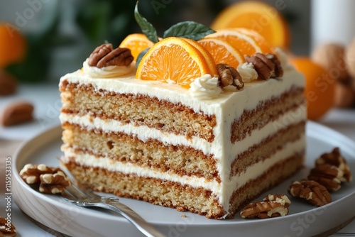 Delicious orange cake slice decorated with pecan nuts and orange slices